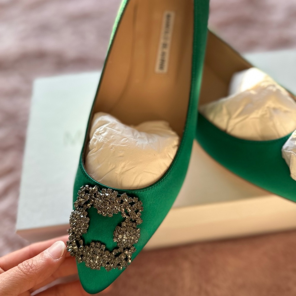 Brand new Manolo Blahnik Hangisi embellished satin point toe flats